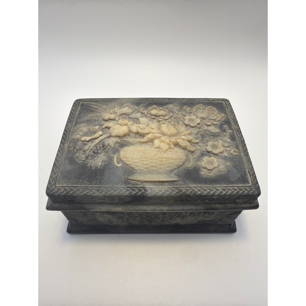 Vintage Incolay Stone Jewelry Box Floral Cameo Relief Handcrafted USA Grey